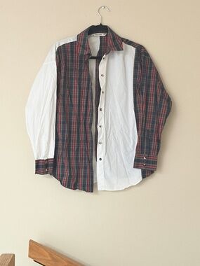 Zara Red & Dark Green Plaid with White Panel Button-Down Shirt